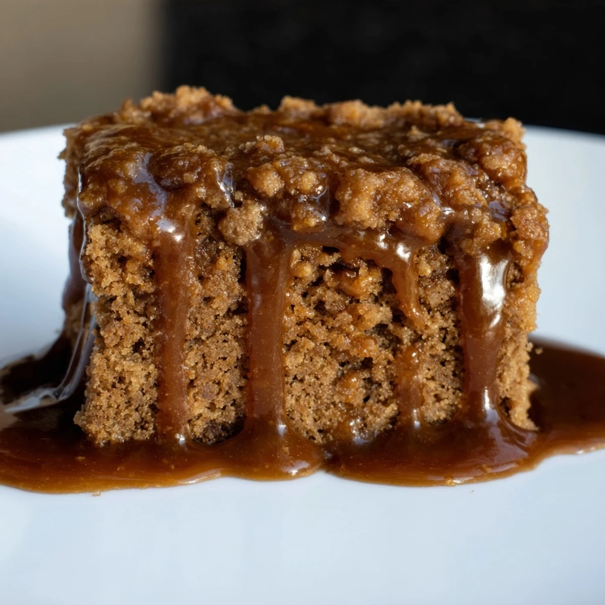 A warm, fluffy gingerbread pudding with a glistening caramel drizzle, ready to enjoy.
