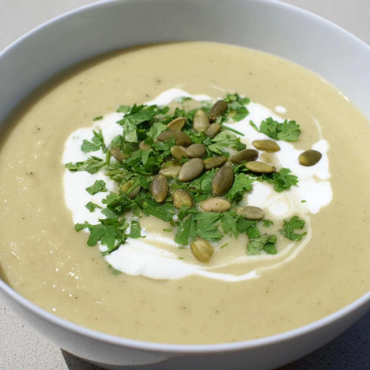 Creamy Spiced Parsnip and Apple Soup, garnished, is waiting to warm you on a cold evening.