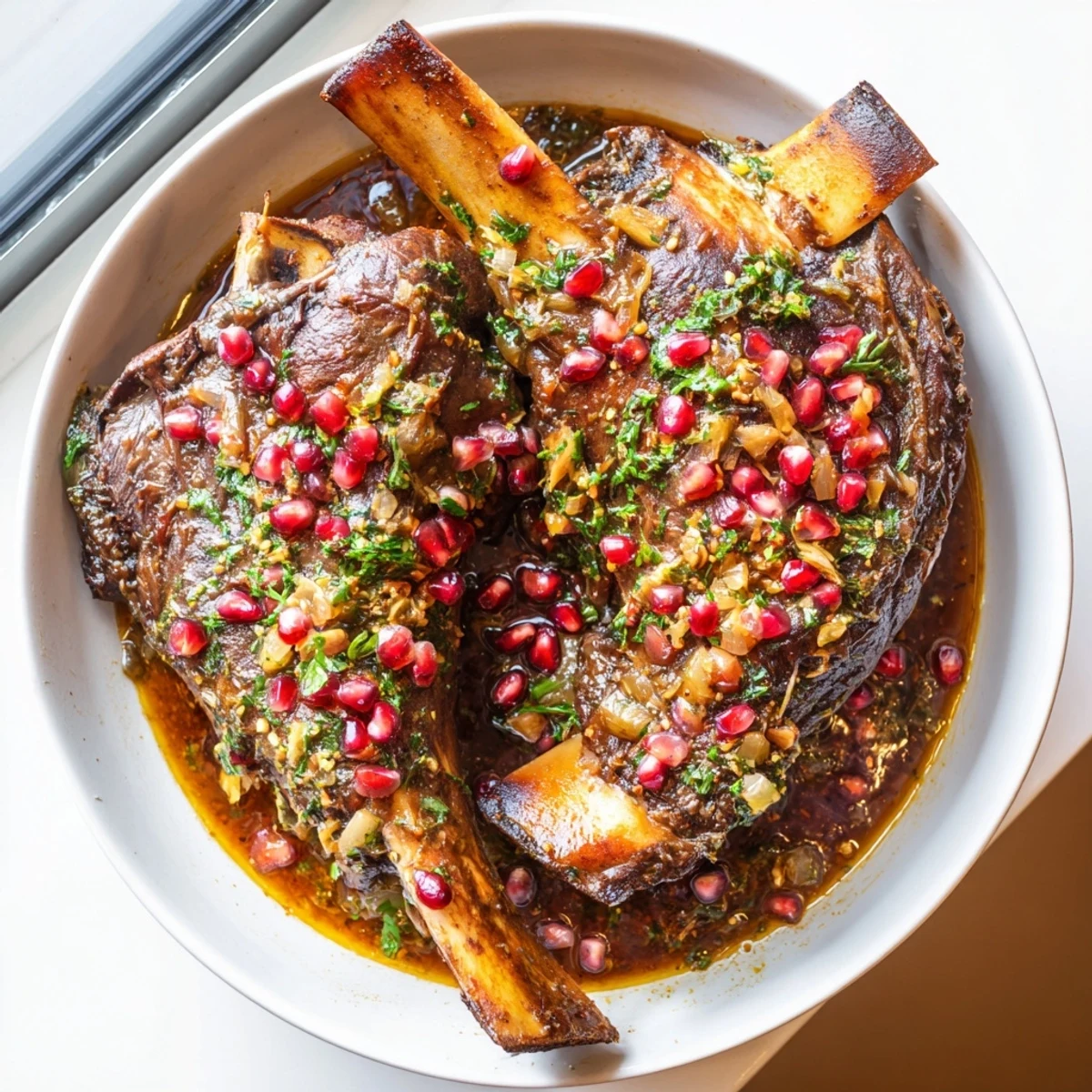 Tender Slow Braised Beef Short Ribs glistening in a rich sauce, topped with bright red pomegranate seeds.