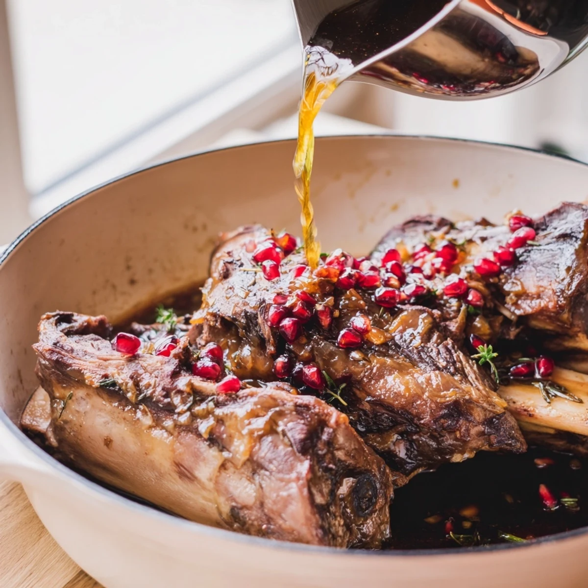 Hearty slow-cooked Slow Braised Beef Short Ribs with fall-apart meat and tangy pomegranate glaze.