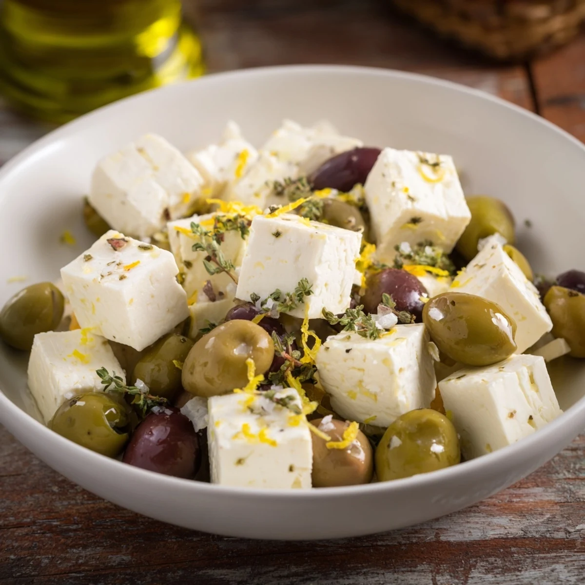 Vibrant citrus marinated olives and feta cheese, perfect Mediterranean appetizer ready to serve with crusty bread.