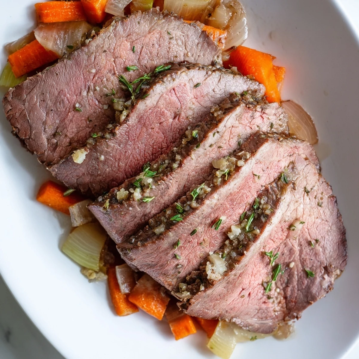 Tender, Slow Roasted Beef with browned, juicy crust and savory roasted vegetables.