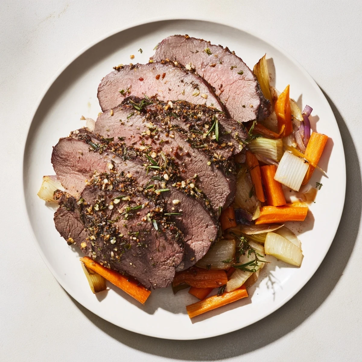 This close-up shows the hearty, flavorful Slow Roasted Beef served with rich pan juices.