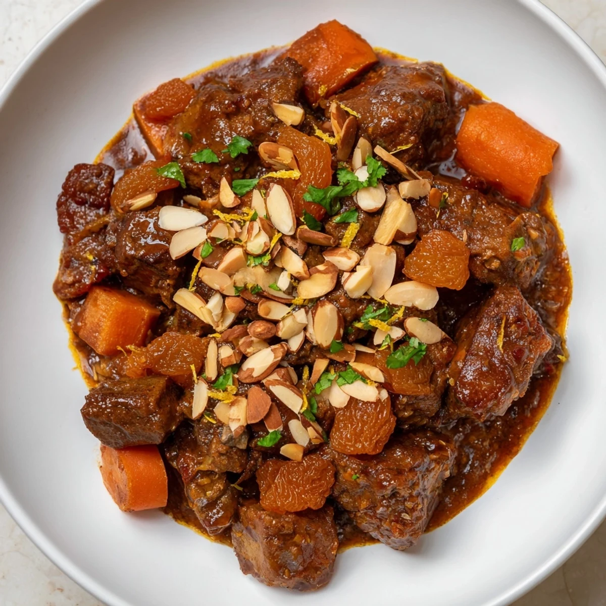 Fragrant Lamb Tagine with apricots, shown steaming, ready to serve with fluffy couscous.