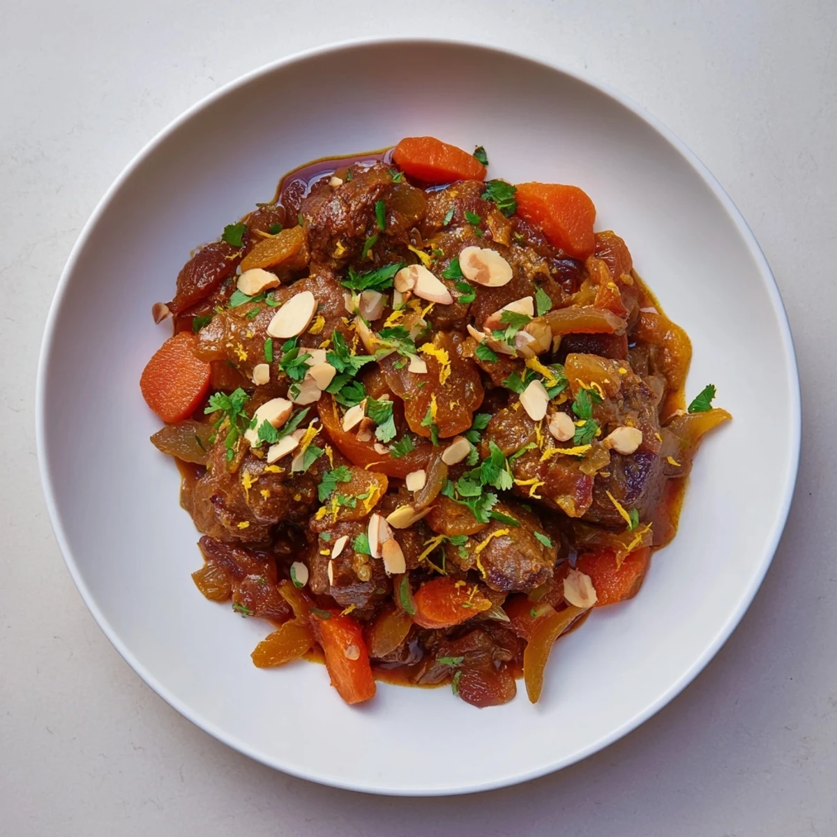 A close-up of a bubbling Lamb Tagine, showcasing tender lamb pieces with sweet apricots.