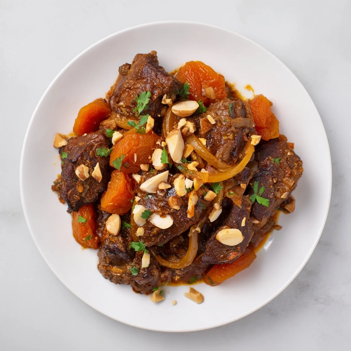 Golden brown Lamb Tagine in a tagine pot, garnished with fresh cilantro and lemon zest.