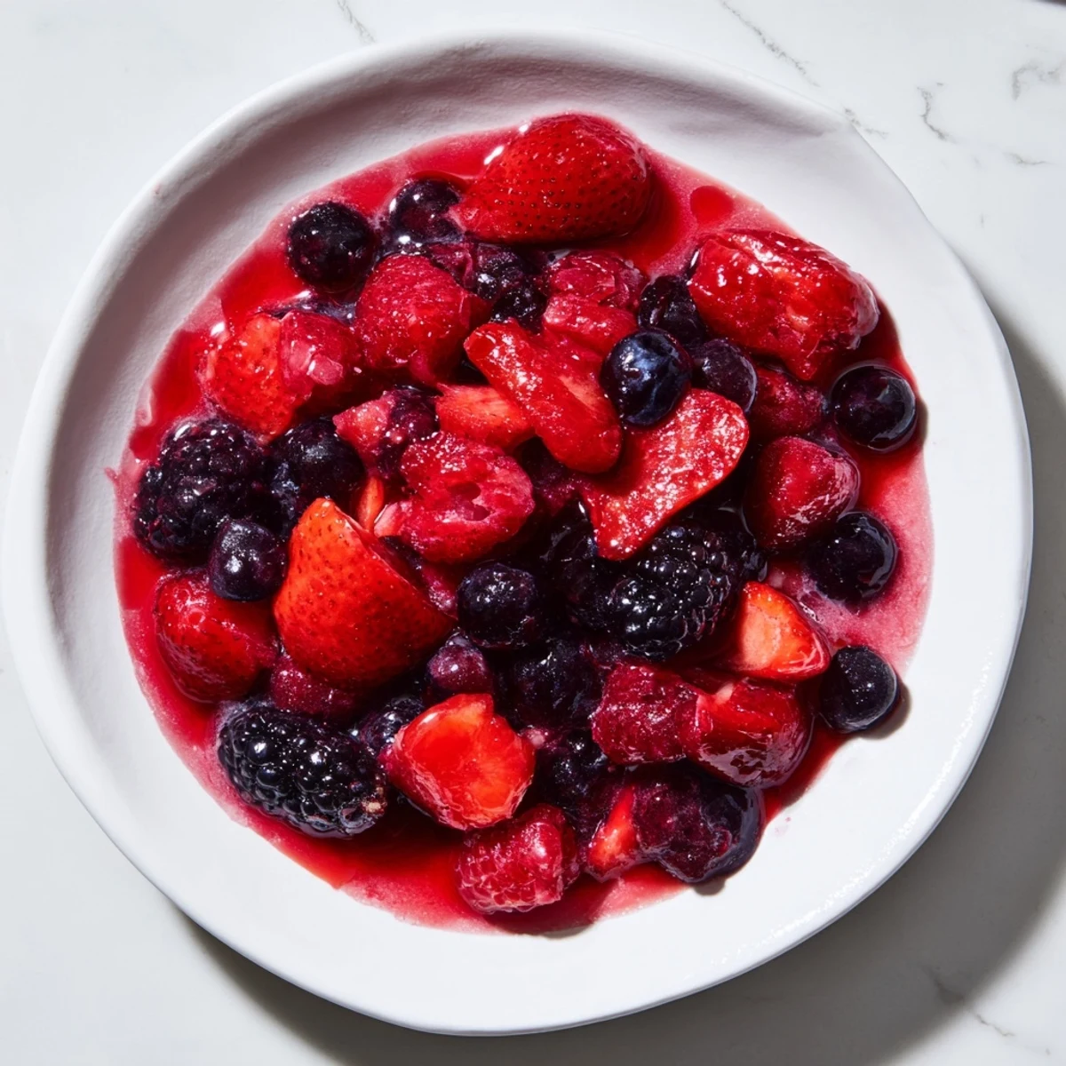 Vibrant image shows a rich, bubbling warm berry compote ready to be served over ice cream.