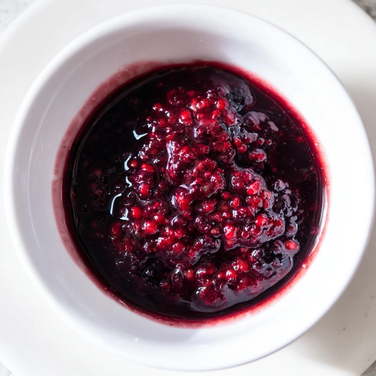 Fresh, glossy warm berry compote simmering gently in a saucepan, ready for dessert.
