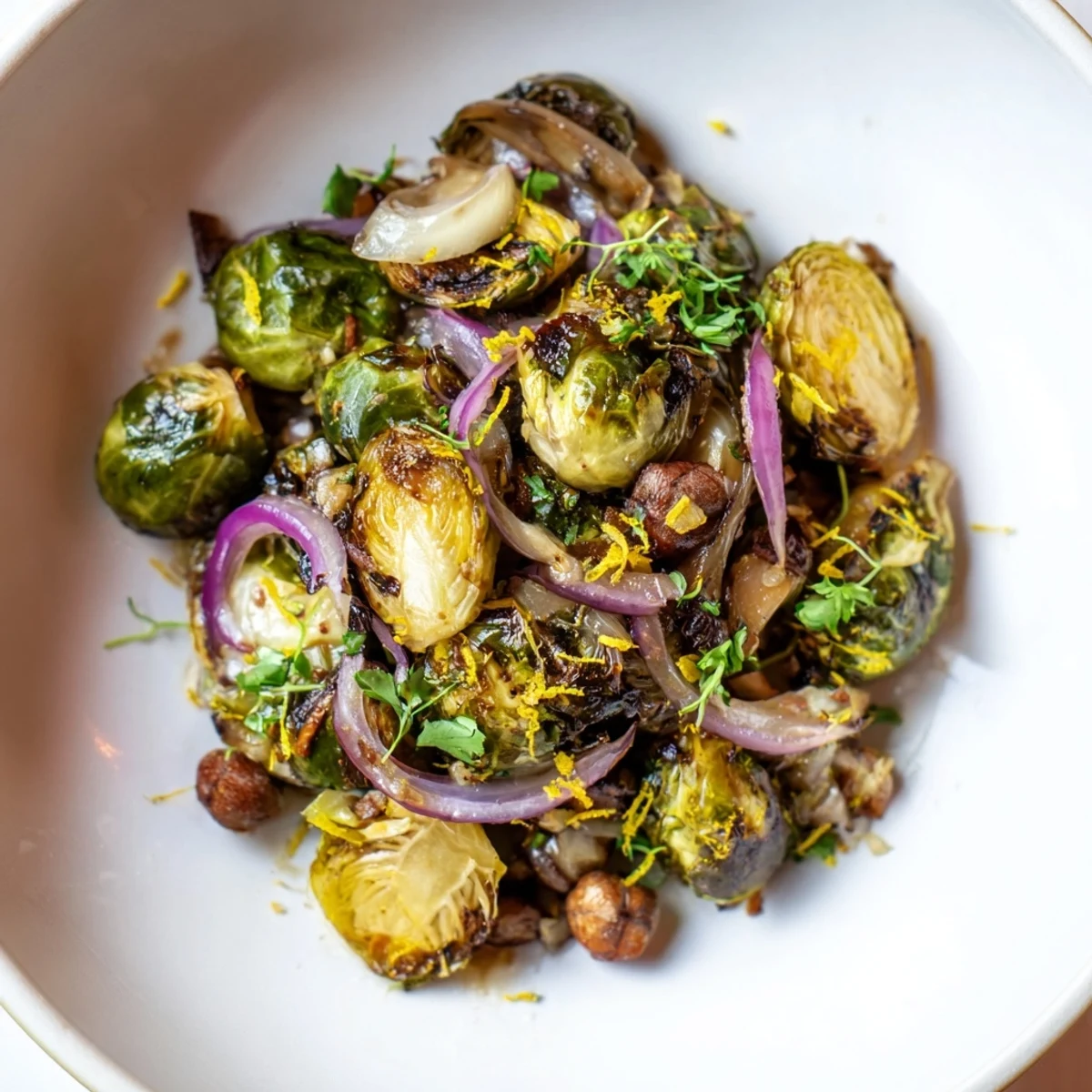 Golden-brown roasted sprouts with chestnuts, fragrant rosemary, and caramelized onions, ready to serve this winter.