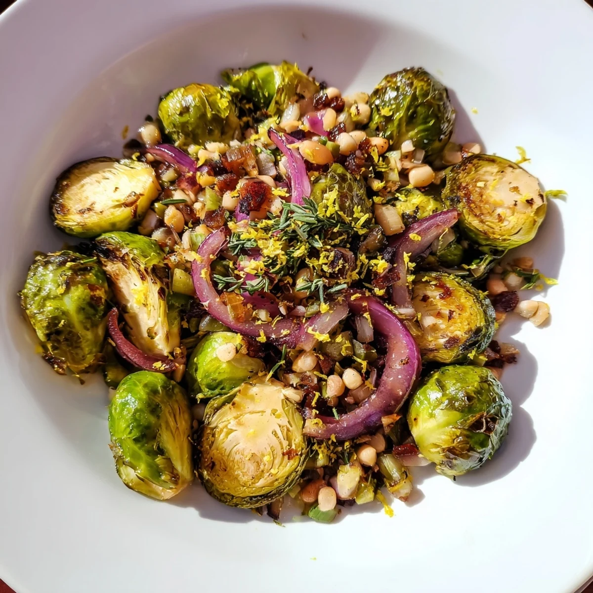 Close-up of crispy roasted sprouts with sweet chestnuts, a delightful holiday side dish.
