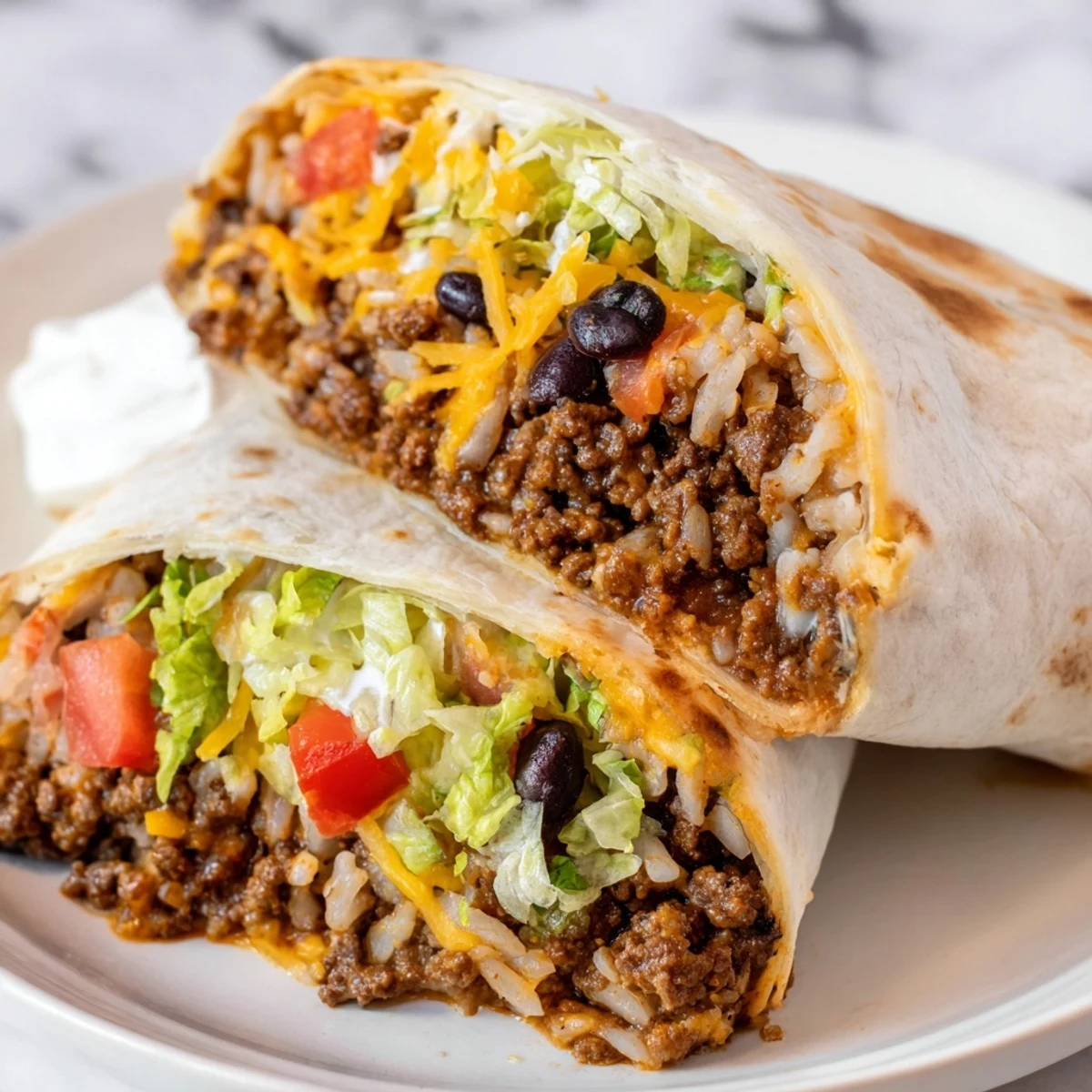 This tempting Beef Burrito shows a perfectly rolled, hearty meal, promising a satisfying bite.