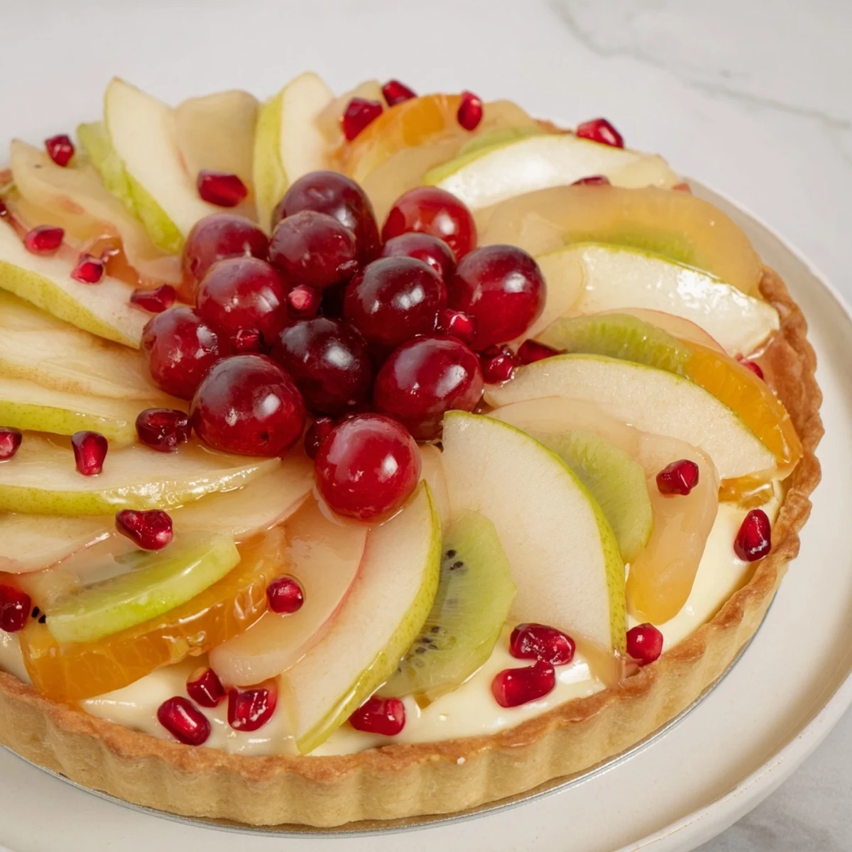 Winter Fruit Tart glistening with glazed fruit atop a creamy custard filling and golden crust.