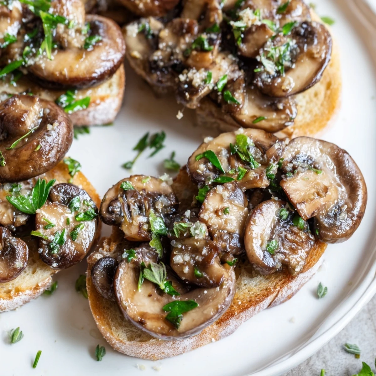 Golden sautéed garlic mushrooms glistening atop buttered toast, ready to be enjoyed.