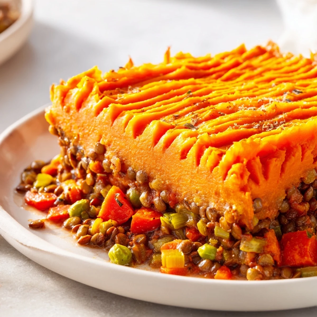 Savory Vegan Lentil Shepherd's Pie, with a golden sweet potato topping and vegetable-filled underneath.