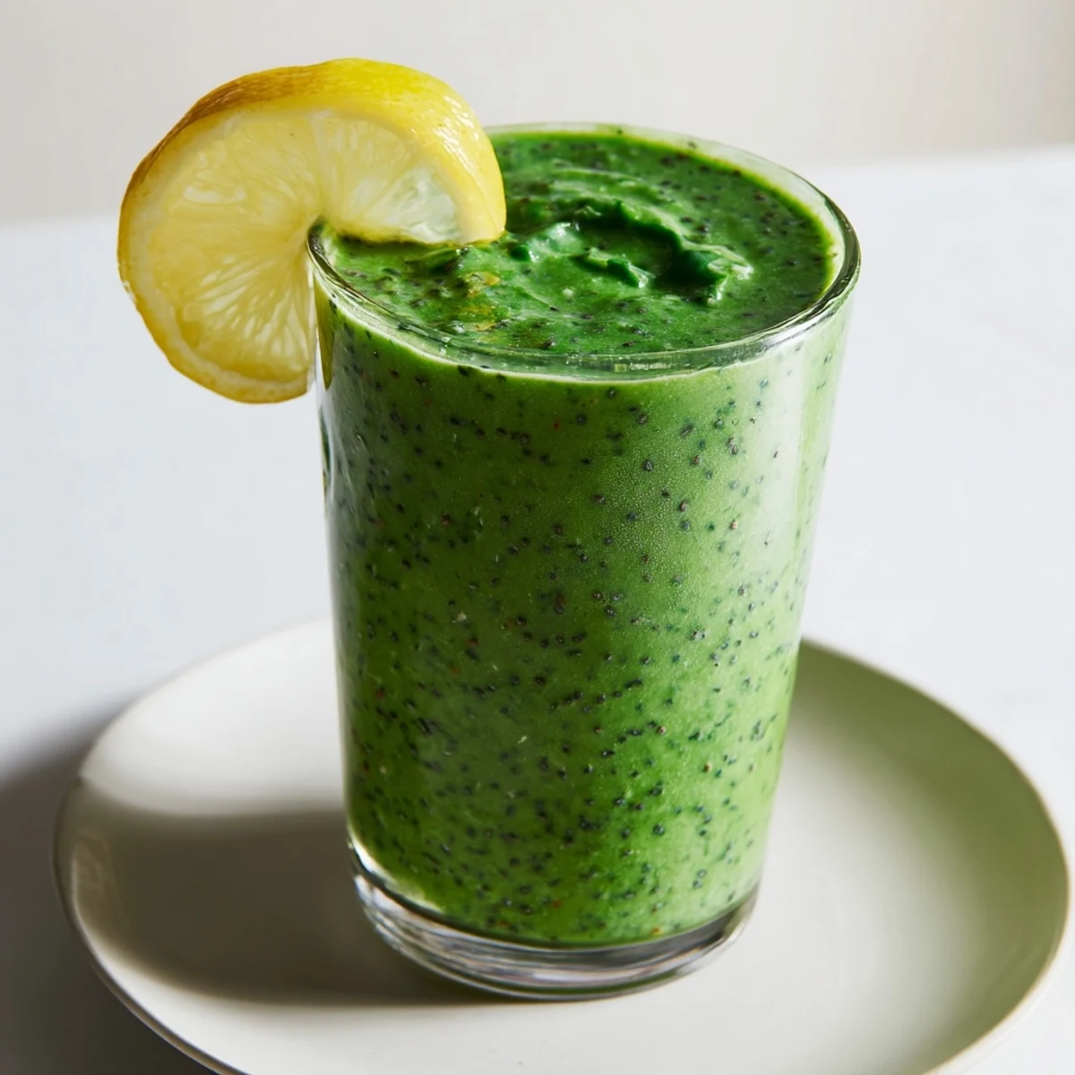 A refreshing glass of Detox Green Smoothie with visible flecks of ginger and a citrusy aroma.