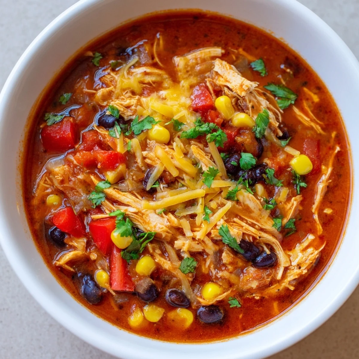 This Slow Cooker Chicken Enchilada Soup displays a rich, red tomato broth with visible vegetables and beans.