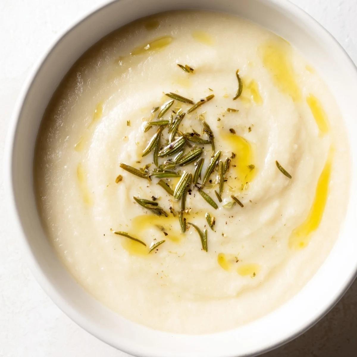 Creamy White Bean and Rosemary Soup: a thick, comforting bowl with a swirl of cream and fresh rosemary.