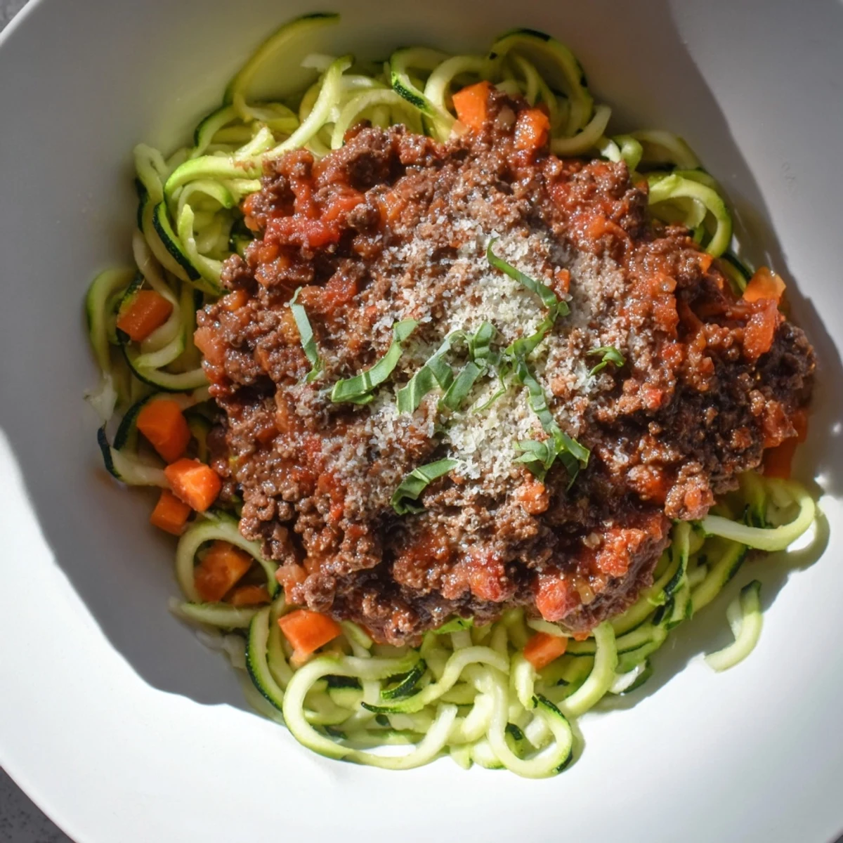 Steaming hot Beef Bolognese over zucchini noodles, a comforting low carb Italian meal prepared.