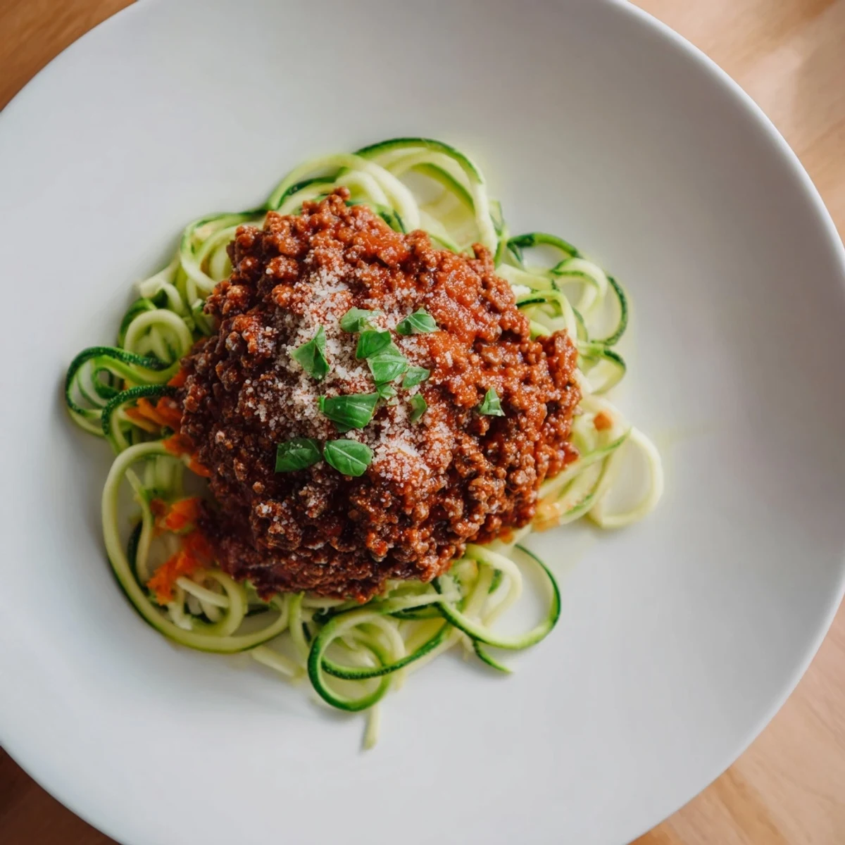 Hearty Beef Bolognese with tender zucchini noodles, garnished with Parmesan and fresh basil, ready to eat!