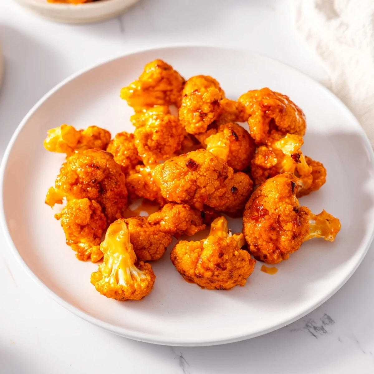 Golden, air fryer Buffalo Cauliflower Wings, coated in a vibrant, spicy sauce and ready to serve.