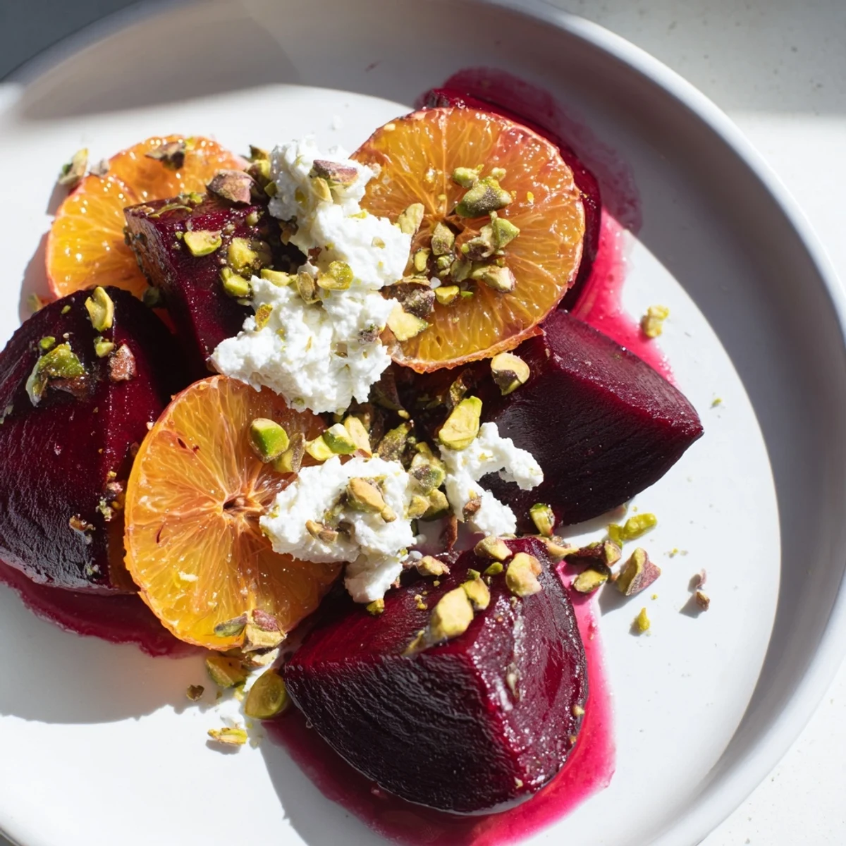 Brightly lit: Roasted beet and blood orange salad showcasing sweet beets, oranges, and crunchy pistachios.