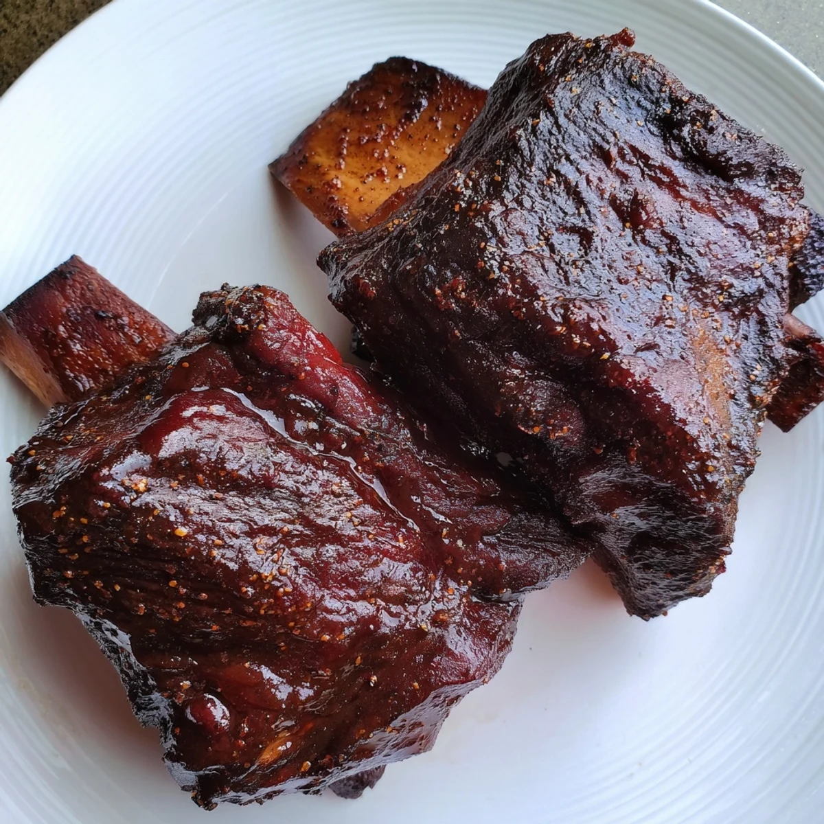 A plate of succulent beef ribs ready to be pulled apart, with delicious, caramelized edges.
