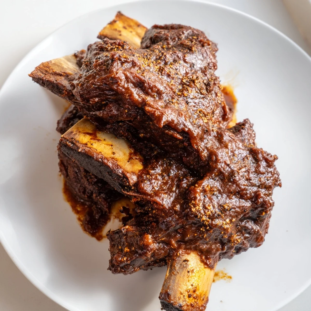 Close-up of juicy, slow-cooked beef ribs, showing their smoky crust and rich flavor.