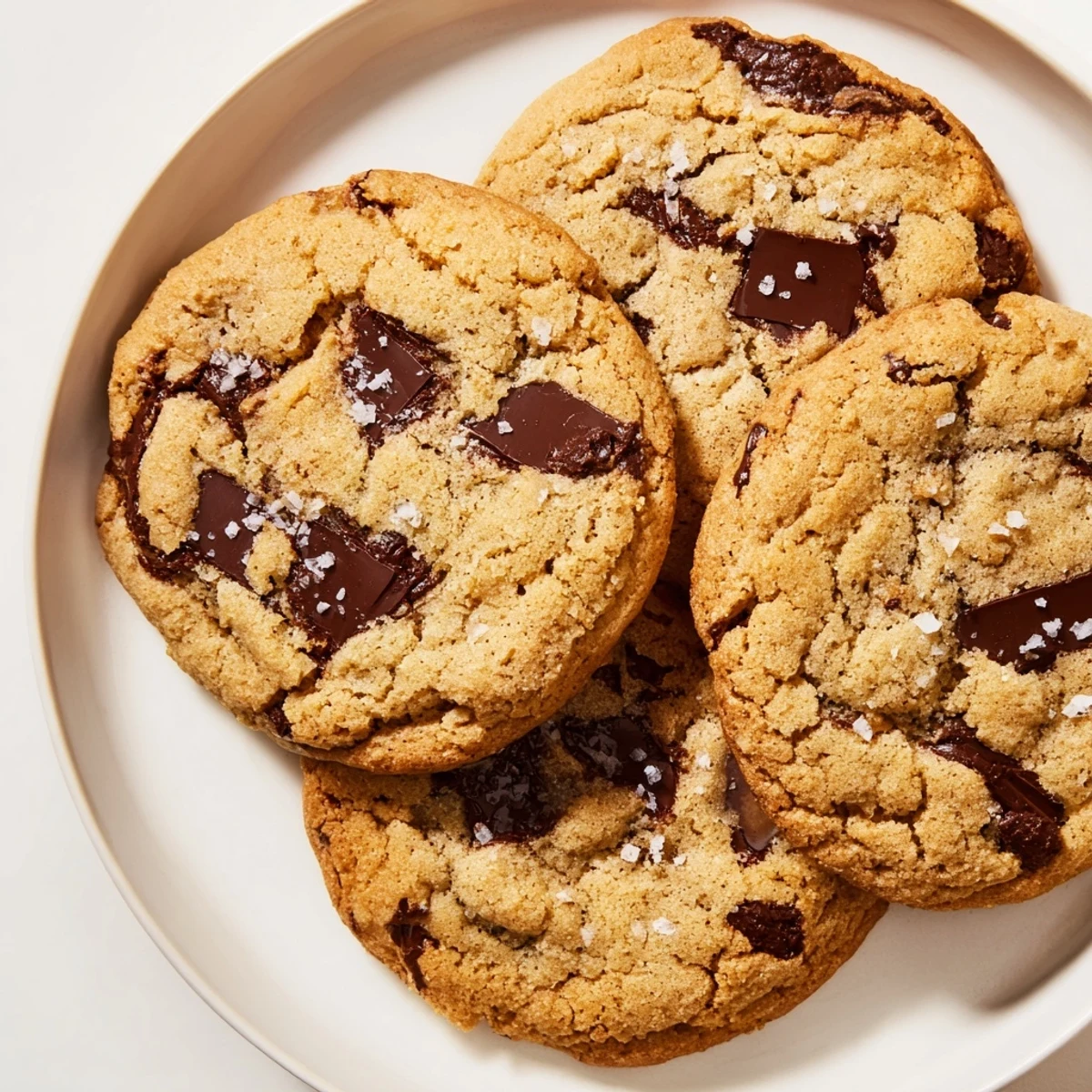 Warm, freshly baked chocolate chip cookies with melted chocolate and a sprinkle of sea salt.