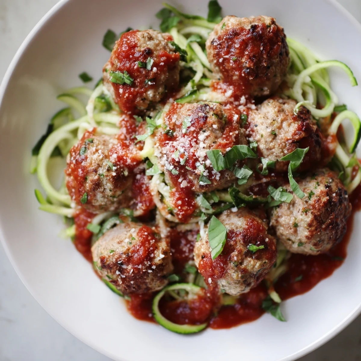Tender turkey meatballs nestled atop bright green zucchini noodles, a healthy meal.
