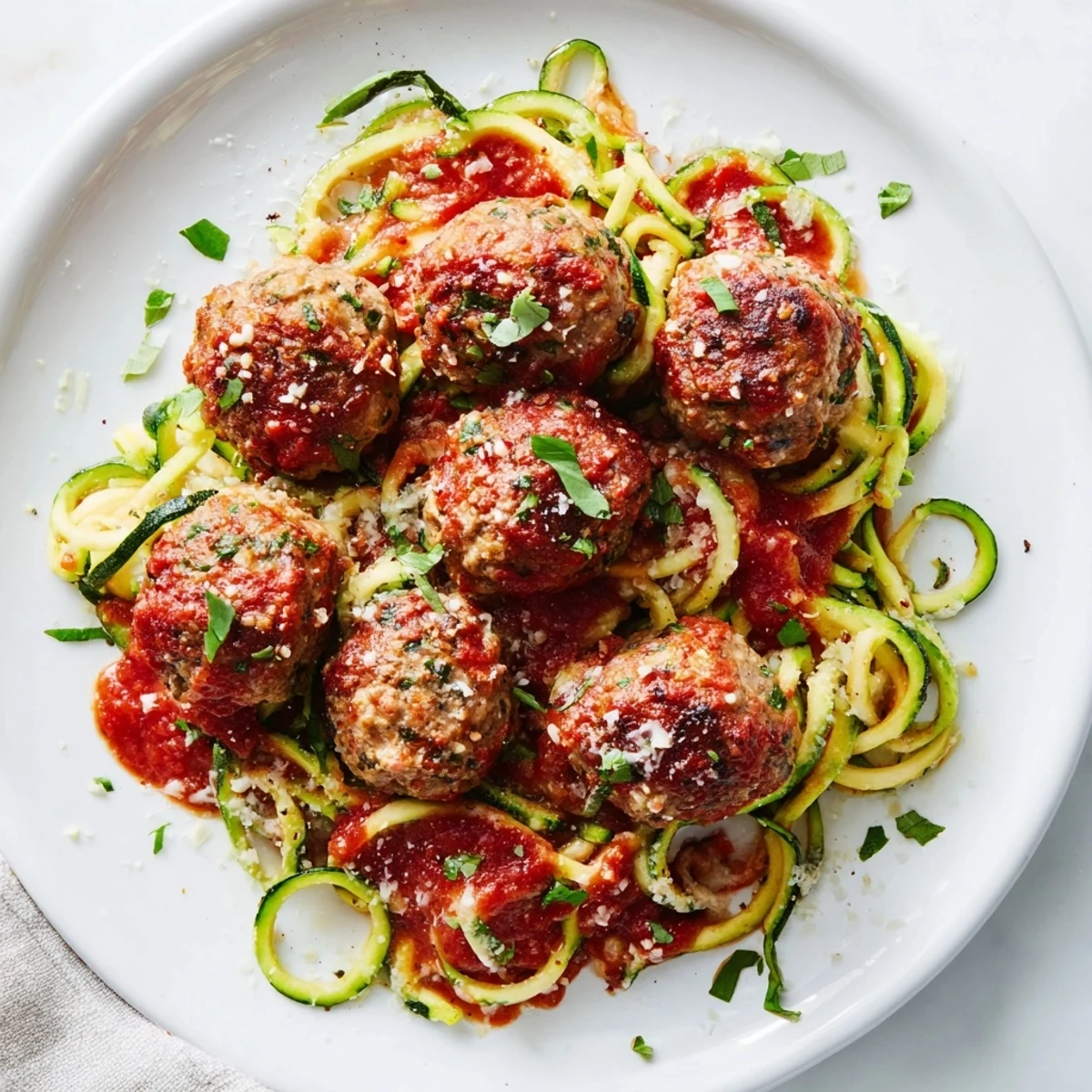 A close-up of delicious turkey meatballs swimming in marinara, over spiral zoodles.