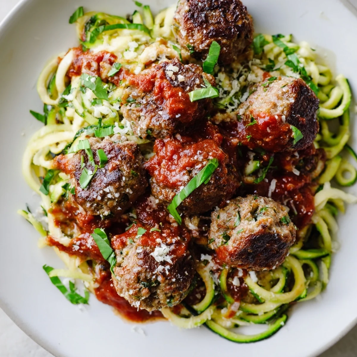 Savory turkey meatballs and zucchini noodles ready to be enjoyed with fresh basil leaves.