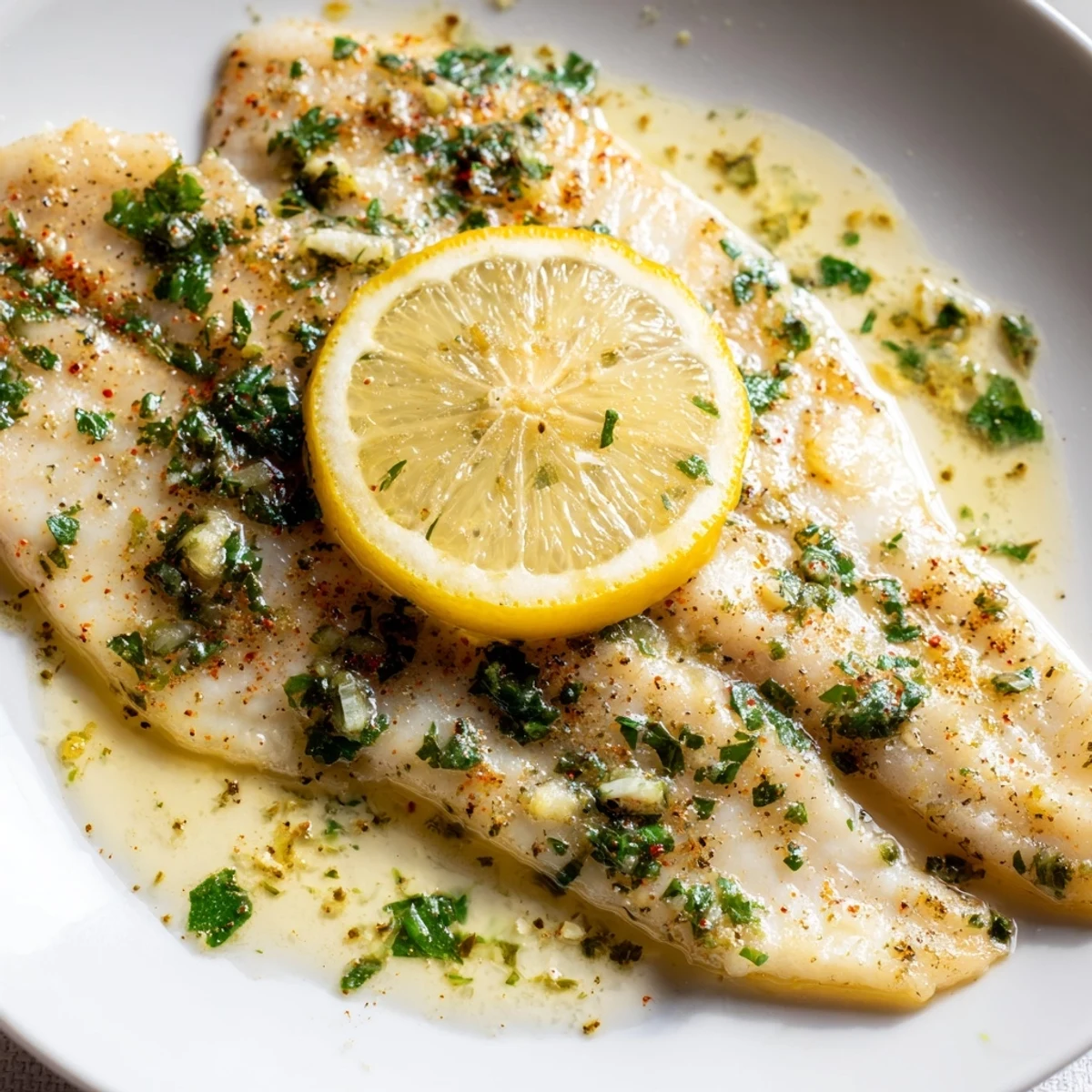 Golden-brown Baked Tilapia with Lemon Butter, glistening and ready to serve with lemon slices.