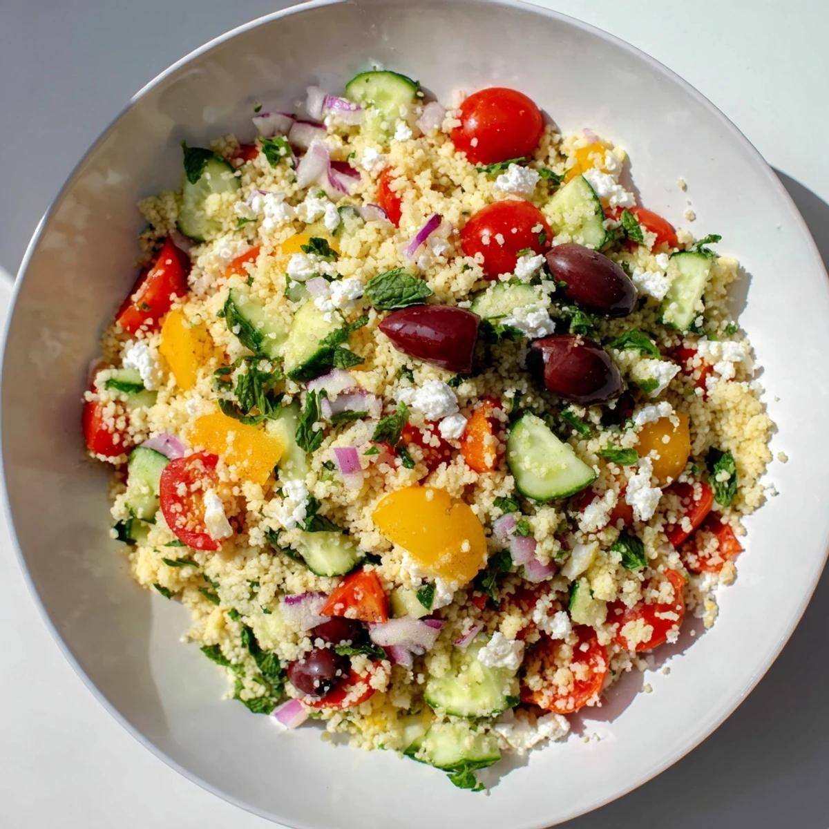 Fluffy Mediterranean couscous salad tossed with colorful veggies, ready for serving.