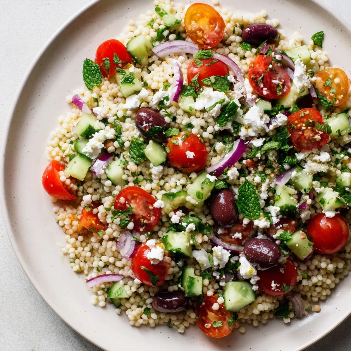 Fresh herbs dot the vibrant Mediterranean couscous salad, ready for a delightful lunch.