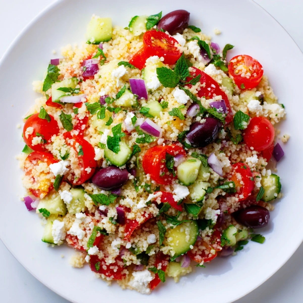 A close-up shot of the bright Mediterranean couscous salad showcases fresh, healthy ingredients.