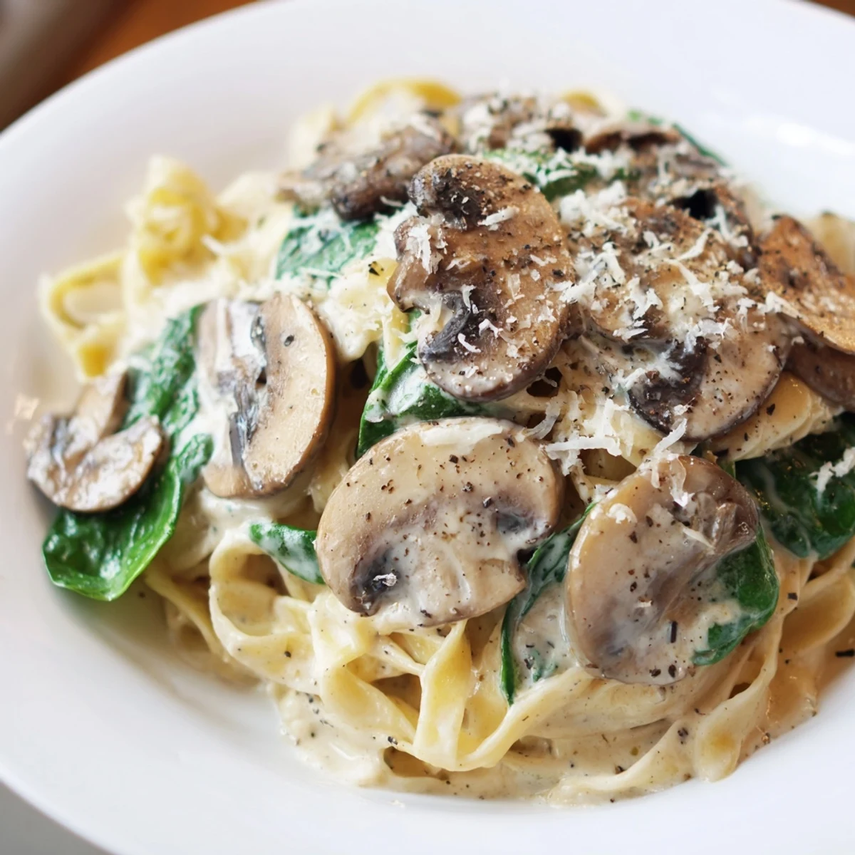 Close-up of luscious creamy mushroom and spinach pasta, topped with fresh Parmesan and pepper.