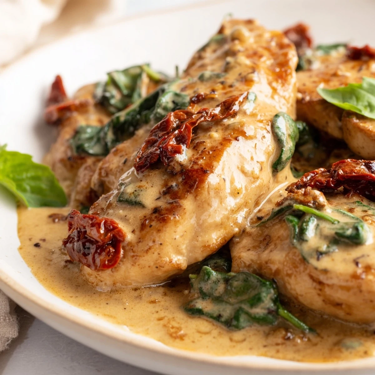 Golden, pan-seared chicken breasts smothered in a creamy Tuscan garlic sauce with fresh spinach and sun-dried tomatoes.