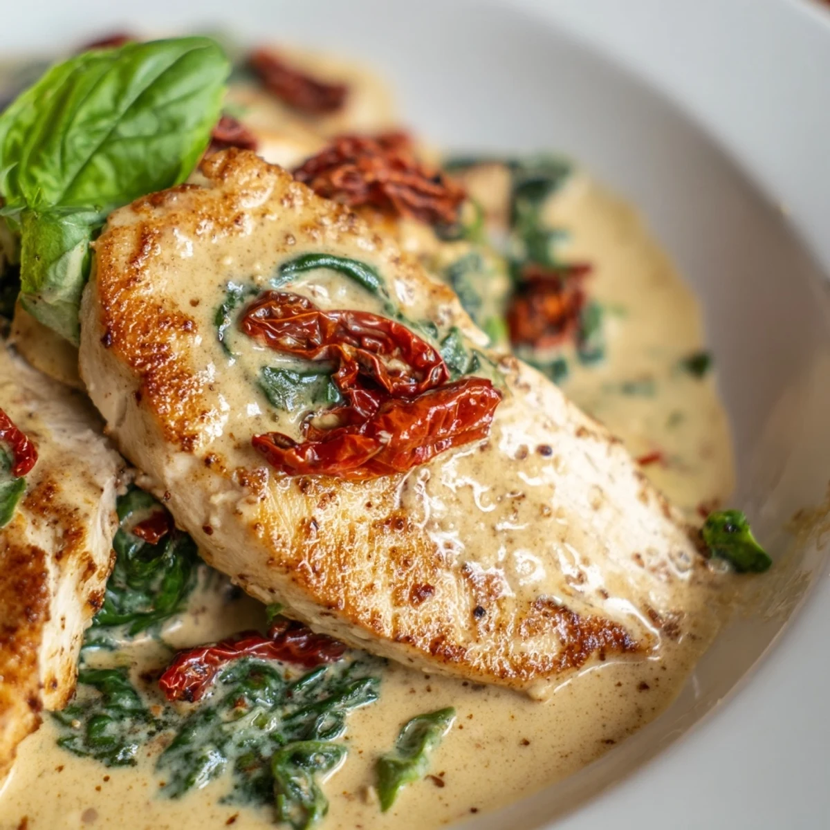 Creamy Tuscan Garlic Chicken served over pasta with a side salad and warm bread for a hearty dinner.