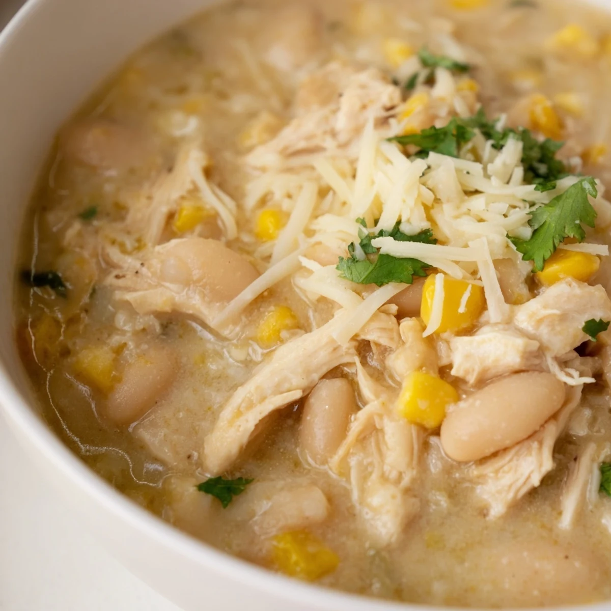 Creamy White Chicken Chili with sweet corn and white beans simmering in a Dutch oven, ready for a cozy family dinner.