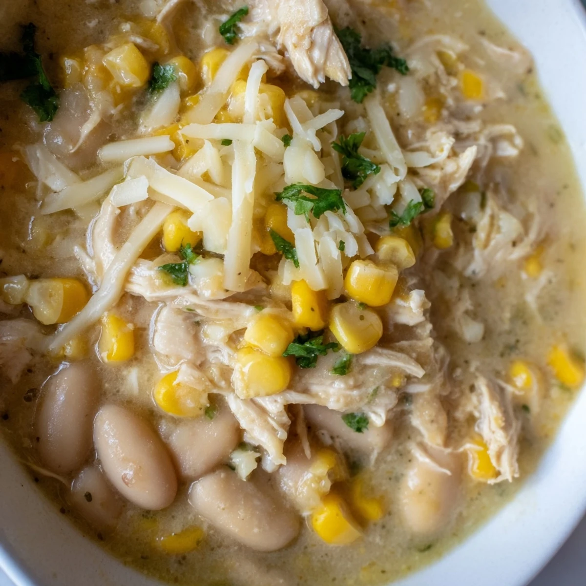 A close-up of Creamy White Chicken Chili in a rustic bowl, garnished with jalapeños, sour cream, and a squeeze of lime.