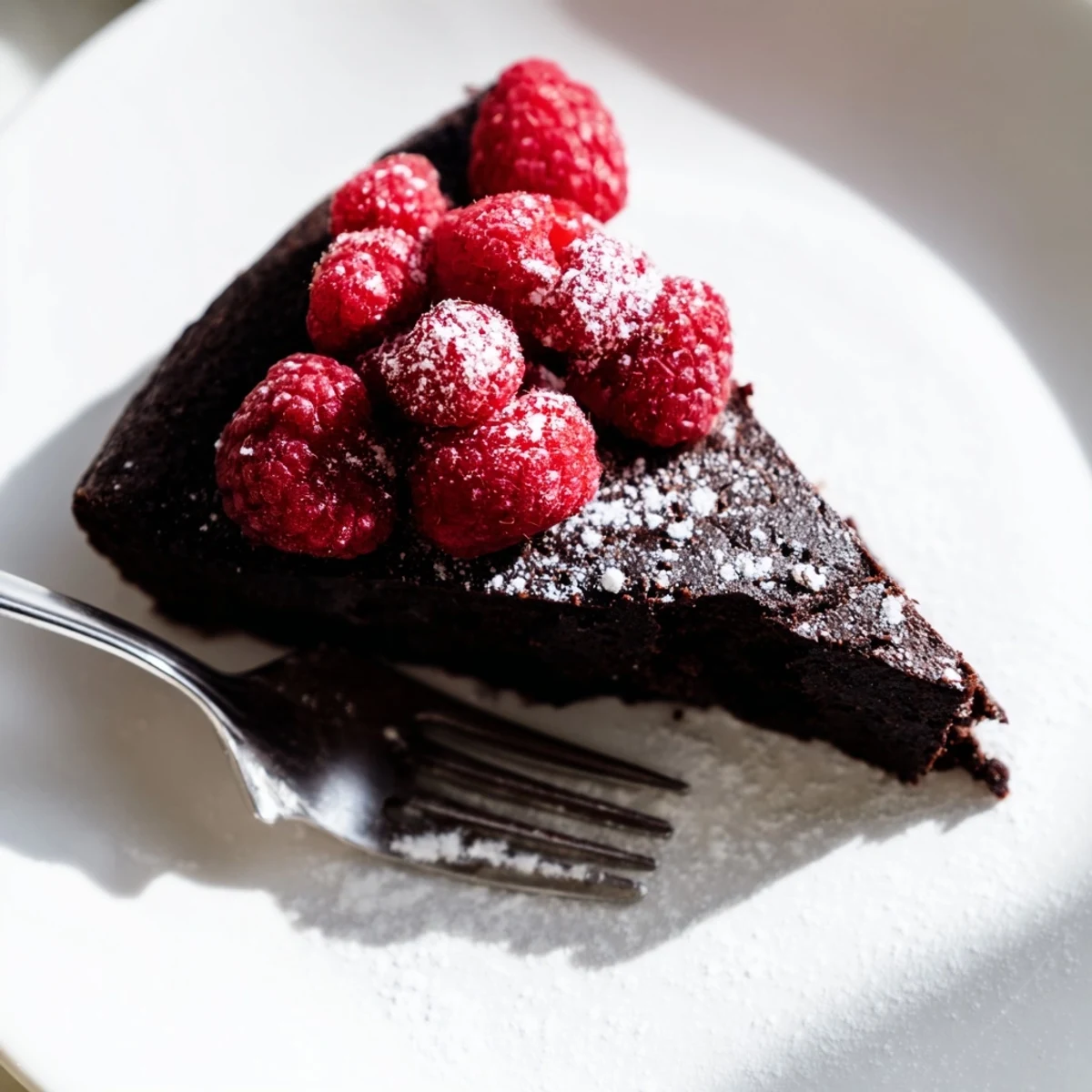 Glazed Decadent Flourless Chocolate Cake with Raspberries sits on a white plate, with powdered sugar and fresh berries scattered on top.