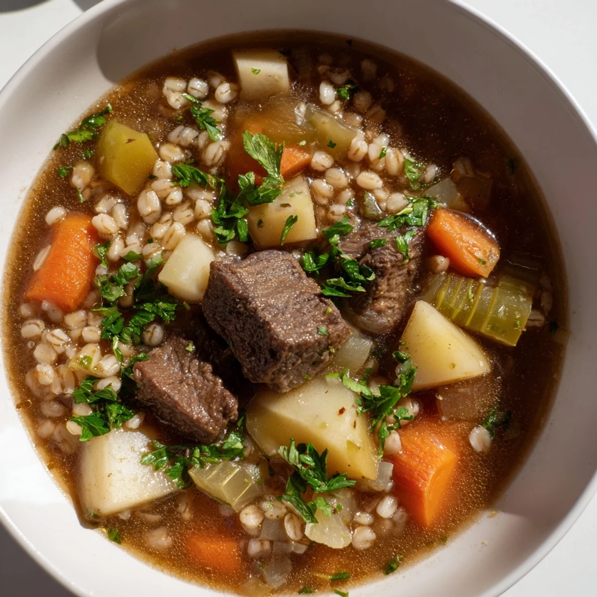 Steaming Hearty Beef and Barley Stew with Root Vegetables in a ladle, showcasing tender beef chunks and colorful veggies.