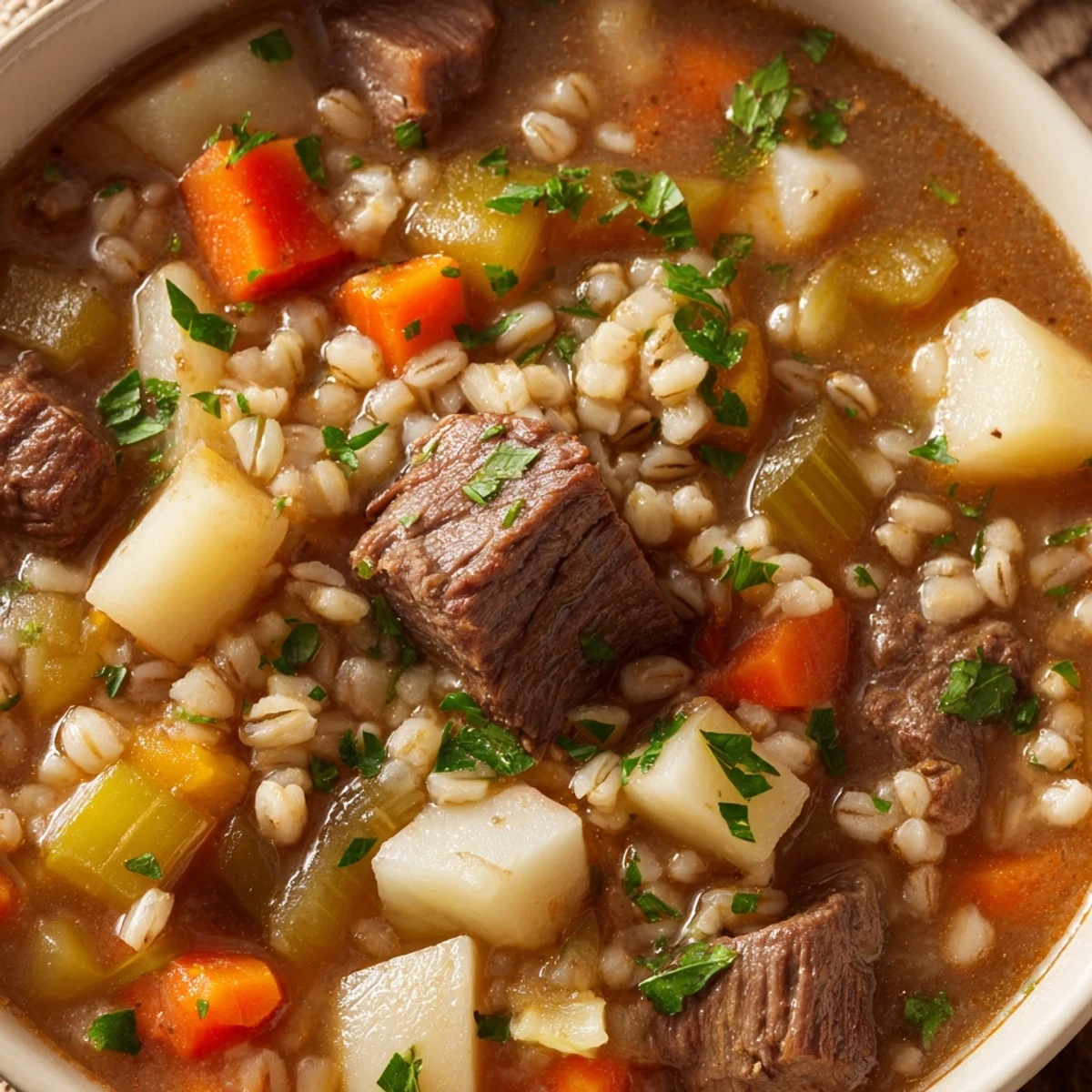 Close-up of Hearty Beef and Barley Stew with Root Vegetables featuring thick broth, carrots, potatoes, and parsnips.