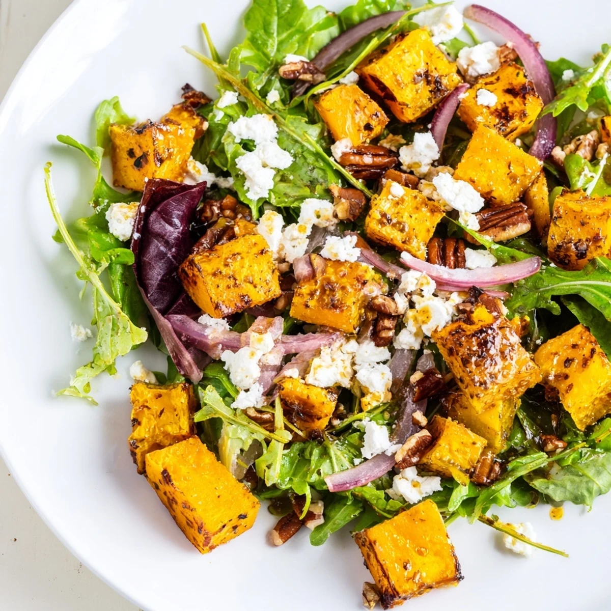 Vibrant fall salad with roasted butternut squash, pecans, and a drizzle of balsamic dressing.