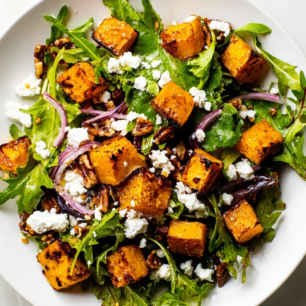 A warm side dish of caramelized squash, crunchy pecans, and tangy feta on greens. 