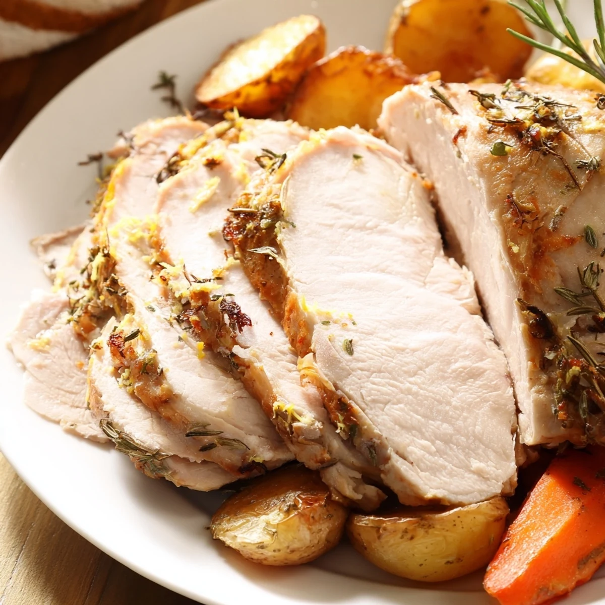 Herb-crusted Sheet Pan Lemon Herb Roasted Turkey Breast served on a rustic platter with colorful roasted vegetables.