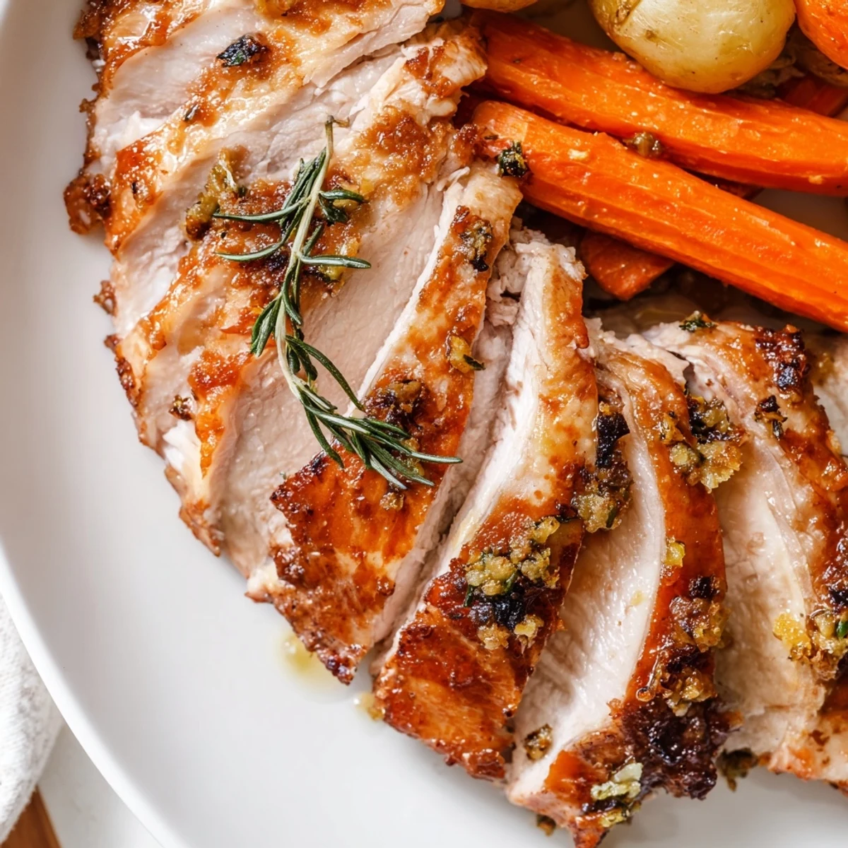 A close-up shows juicy, sliced Sheet Pan Lemon Herb Roasted Turkey Breast with crispy skin and fresh herbs.