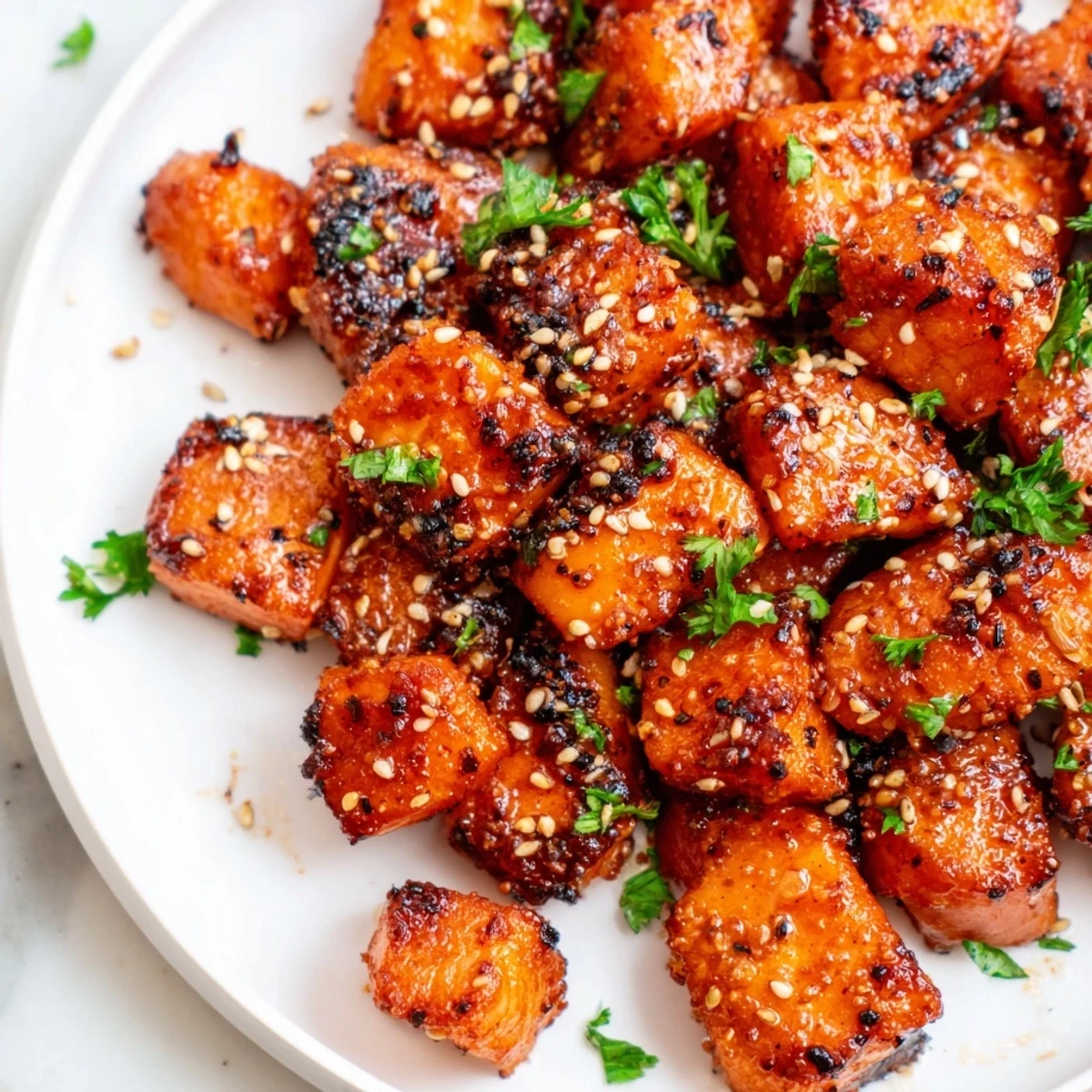 Crispy, glazed Air Fryer Salmon Bites are served hot and topped with fresh parsley for a quick dinner.