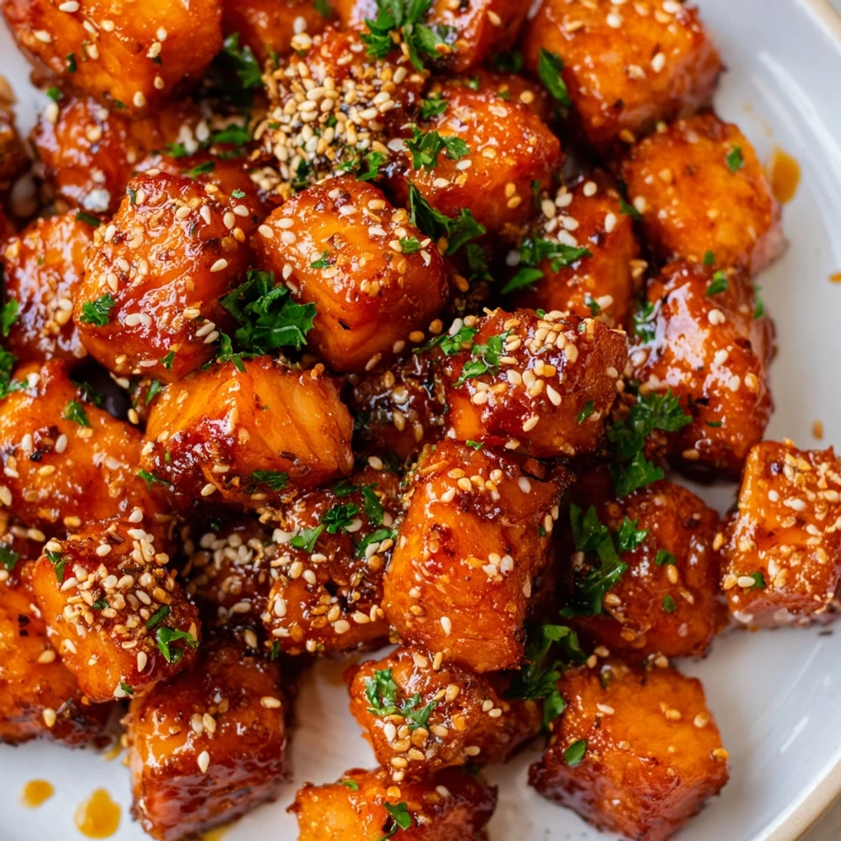 Golden-brown Air Fryer Salmon Bites glisten with sticky honey garlic glaze on a white plate, ready to eat.