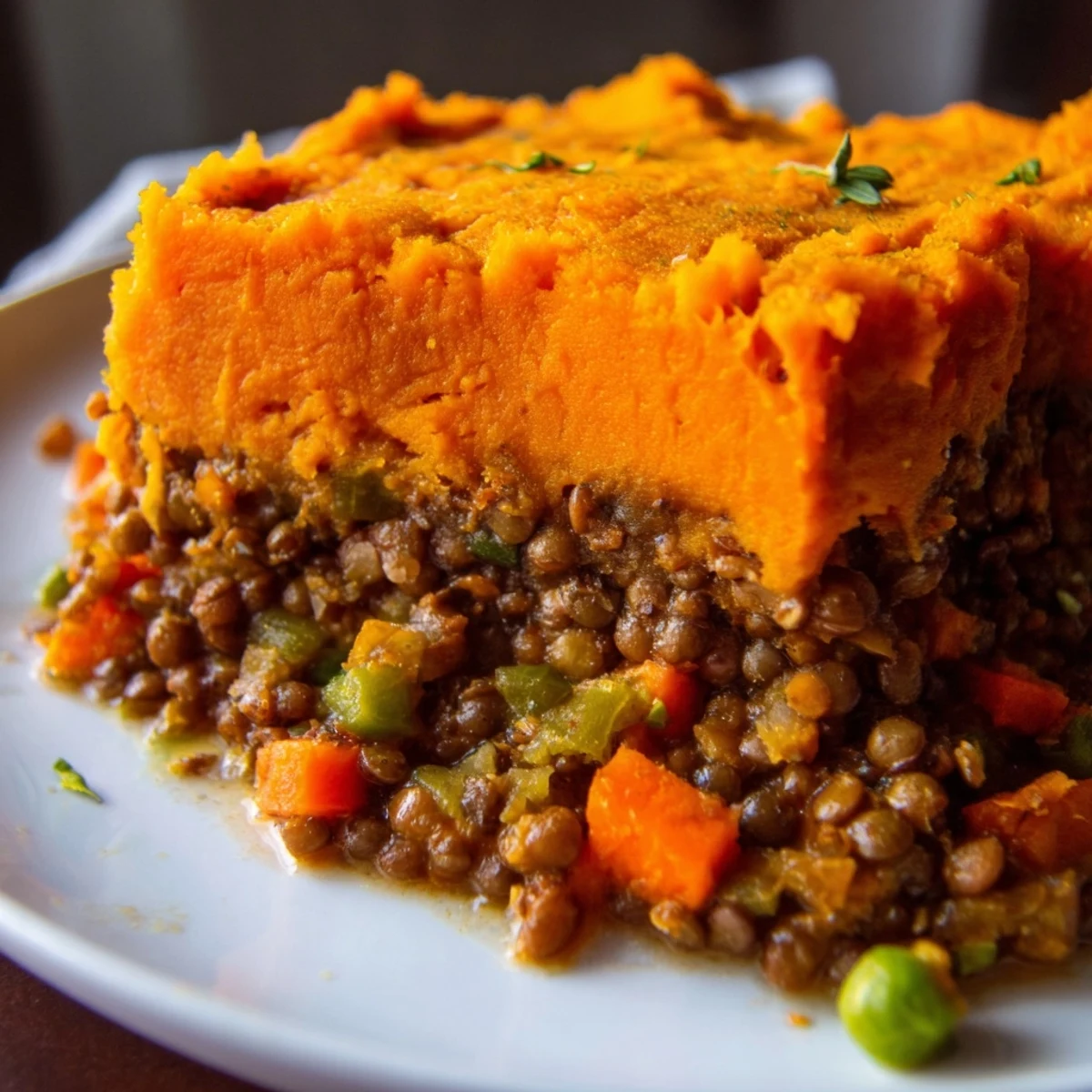 A close-up of Vegetarian Lentil Shepherds Pie with Sweet Potato, featuring golden, lightly browned mash and a steamy aroma.